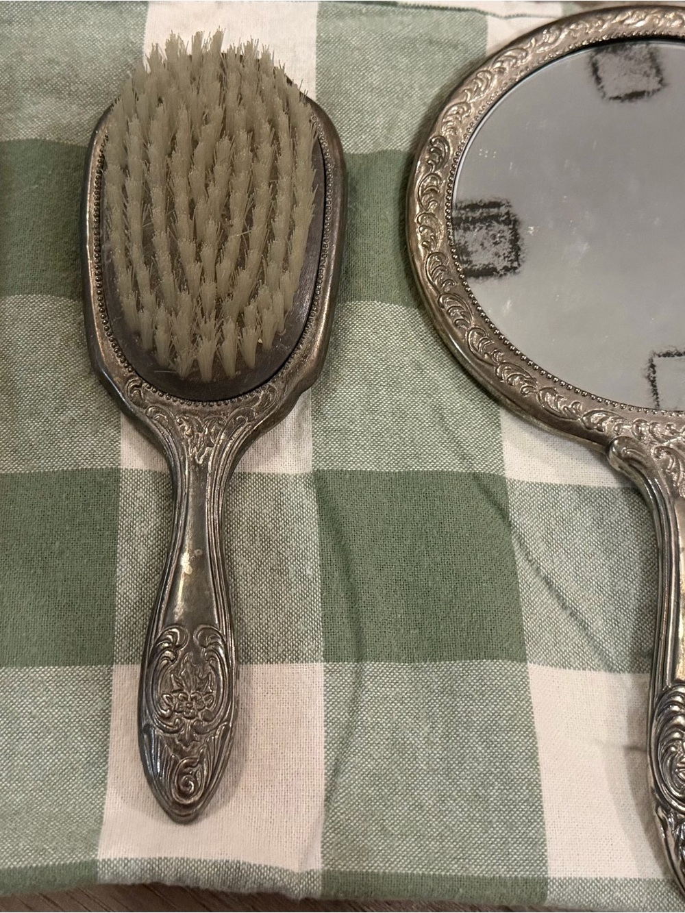 Antique-Style Silver Finish Hand Mirror and Brush Set - Silver
